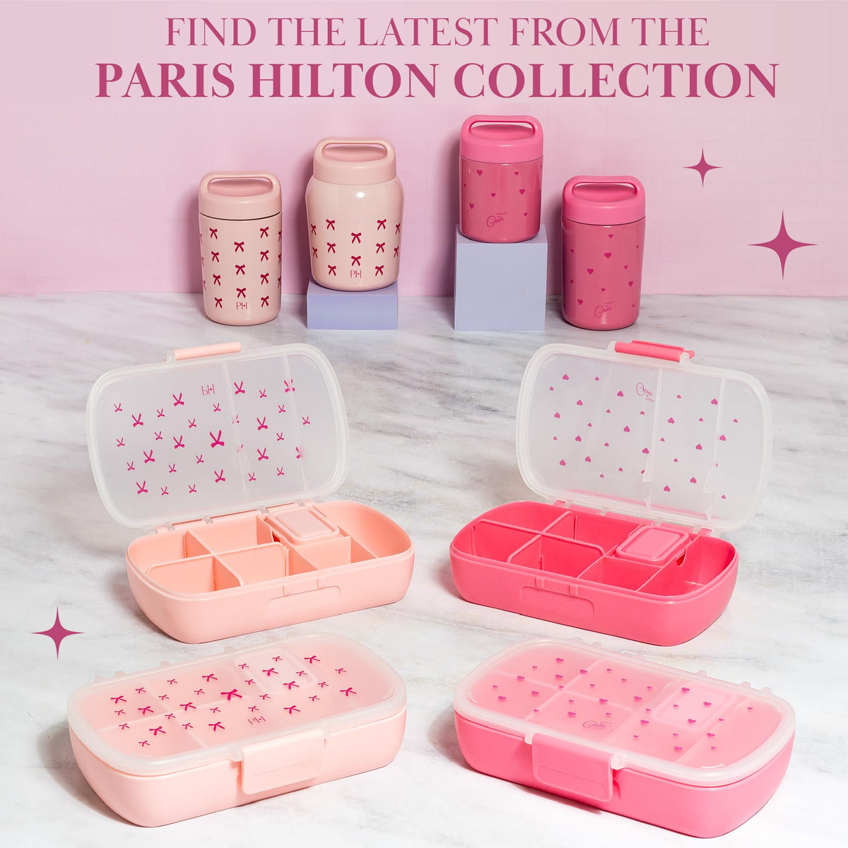Paris Hilton snack box with carry handle for easy portability.