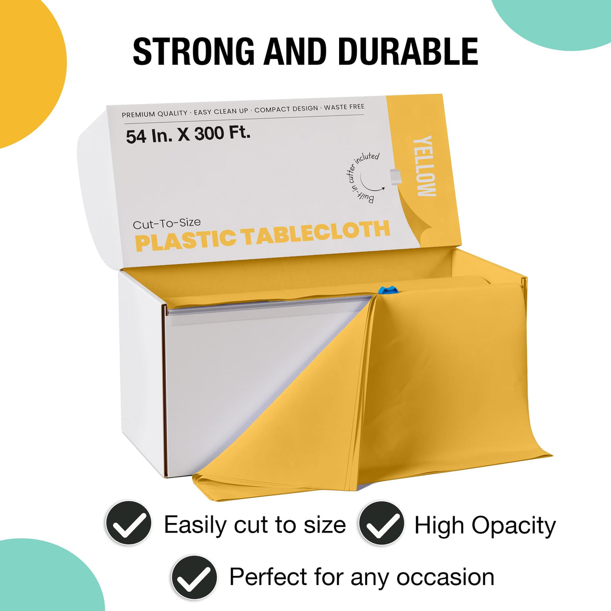 Party Solids heavy-duty plastic tablecloth protects surfaces during celebrations.