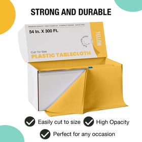 Party Solids heavy-duty plastic tablecloth protects surfaces during celebrations.