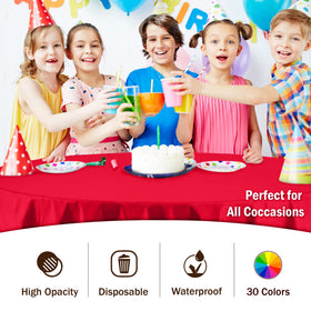 Party Solids high-opacity red tablecover keeps table color hidden for clean looks.