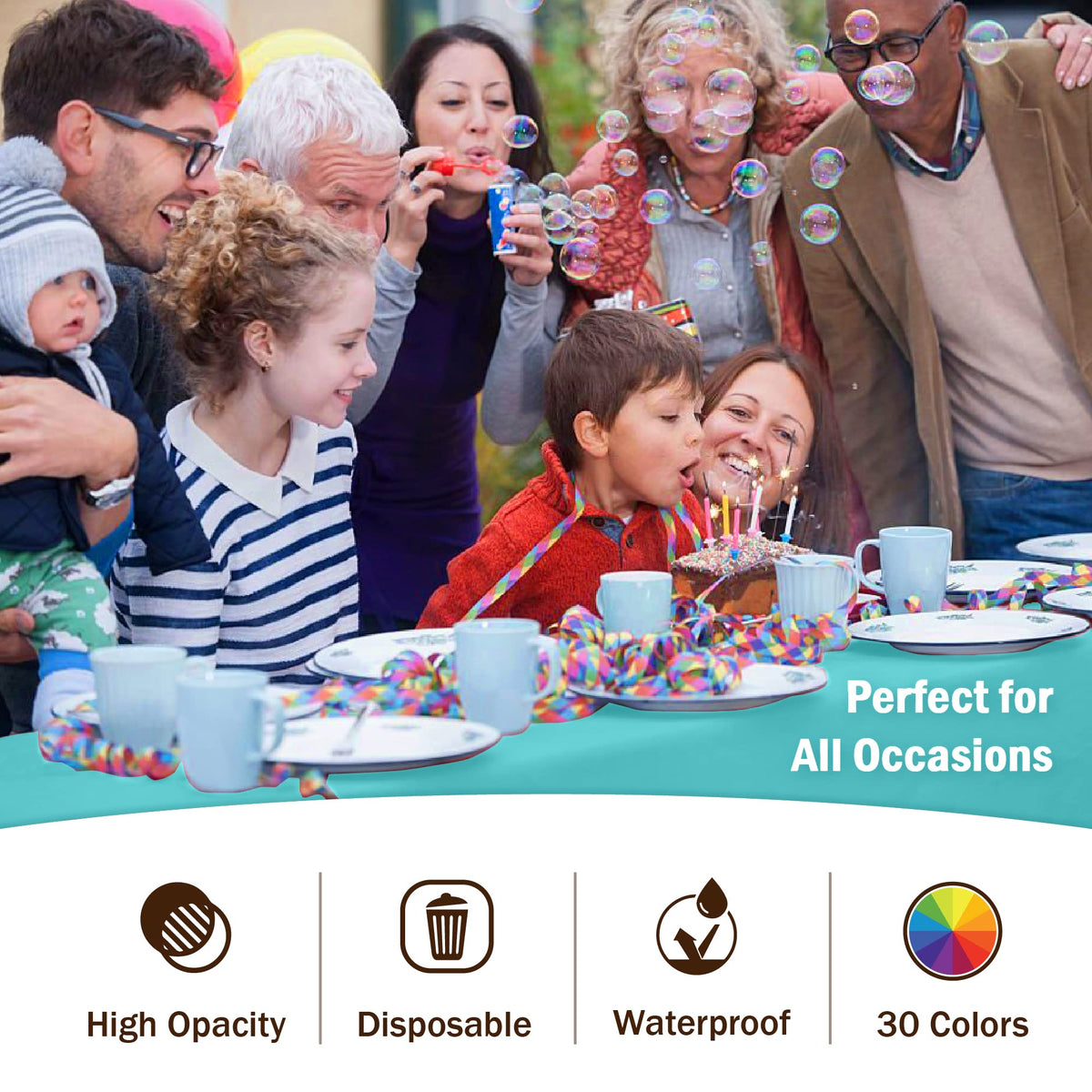 High-opacity aqua cover by Party Solids hides the table surface.