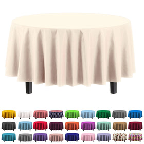Party Solids ivory round 84in tablecloth covering a banquet table with a refined finish.