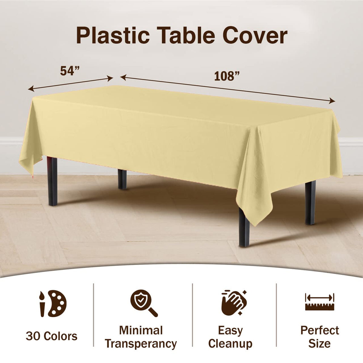Party Solids light yellow tablecloth on table providing full coverage for decor