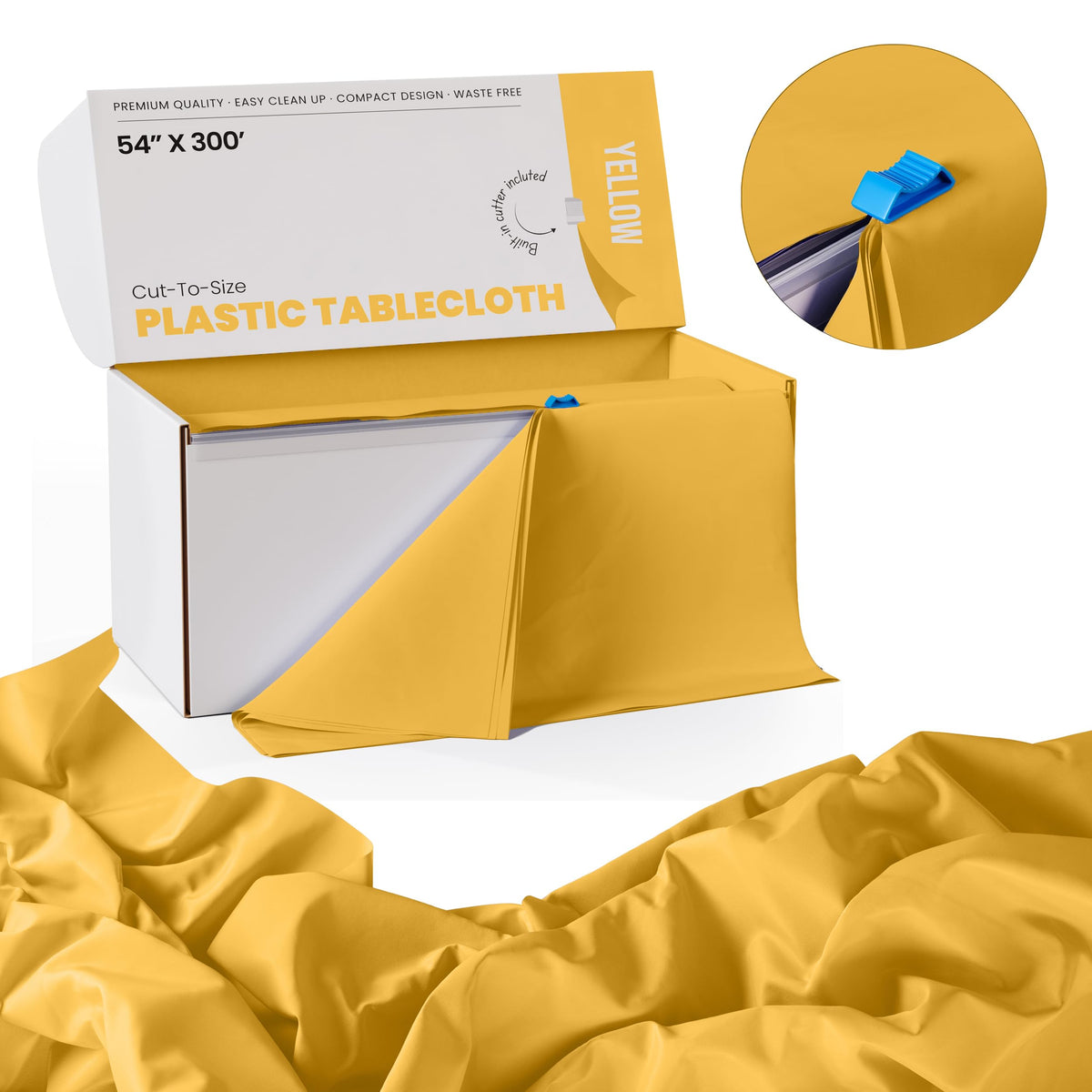 Party Solids yellow table cover roll cut-to-size, demo-ready in the included slide cutter.