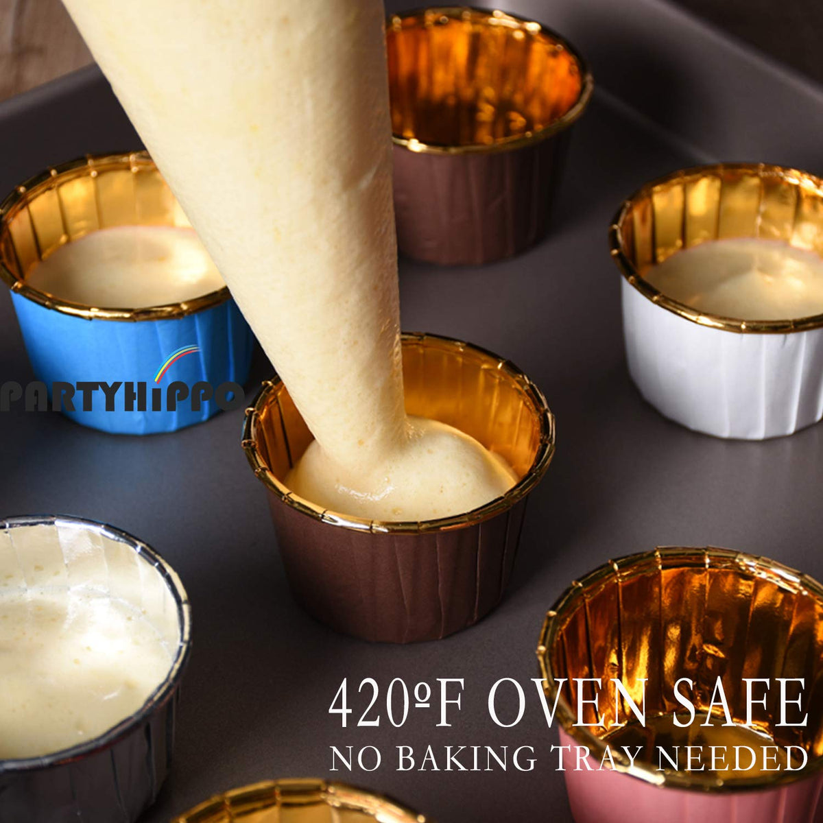 PartyHippo disposable foil cups offer no-tray-needed convenience for batch baking