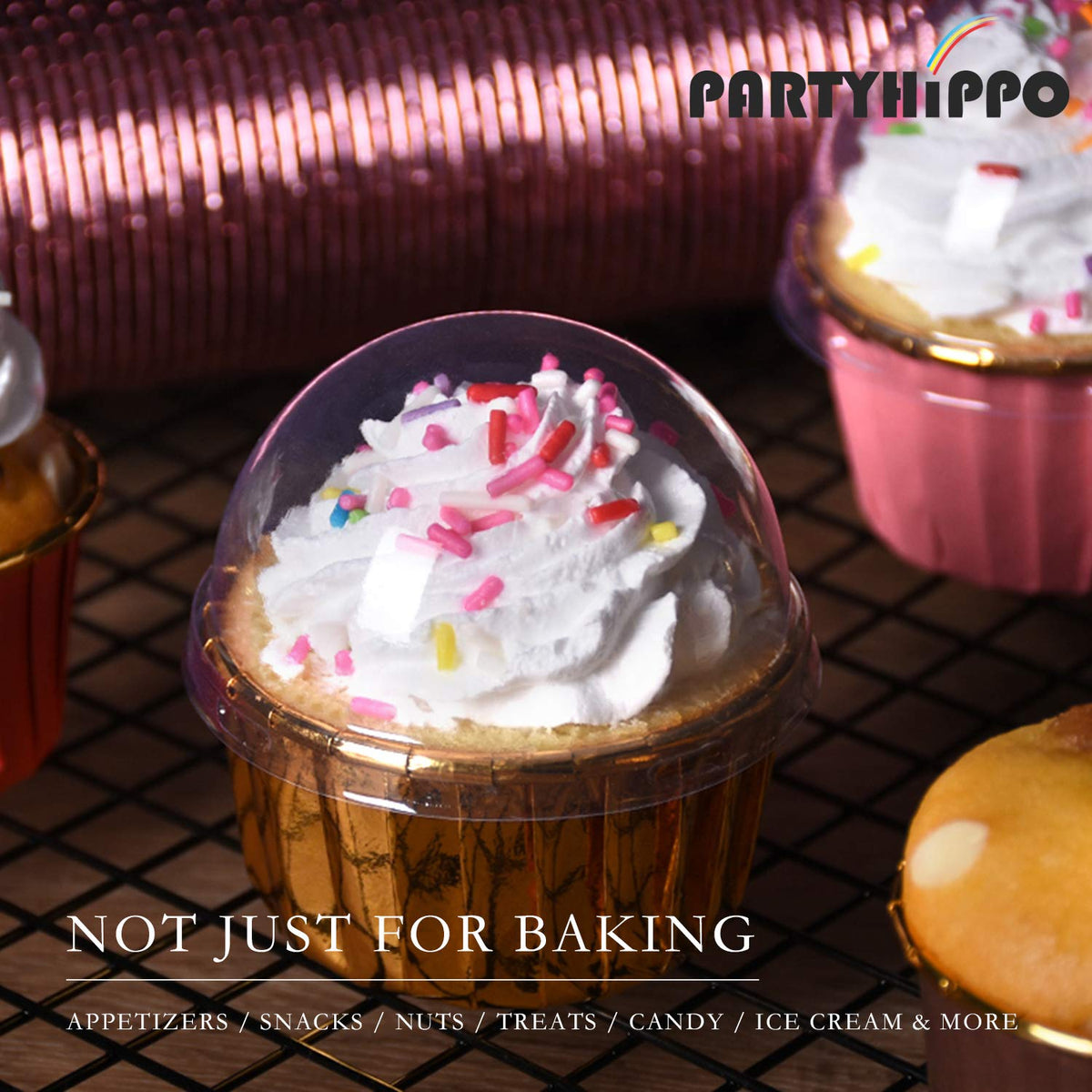 PARTYHIPPO 3.5 oz cups ideal for muffins cupcakes cheesecakes and snacks.