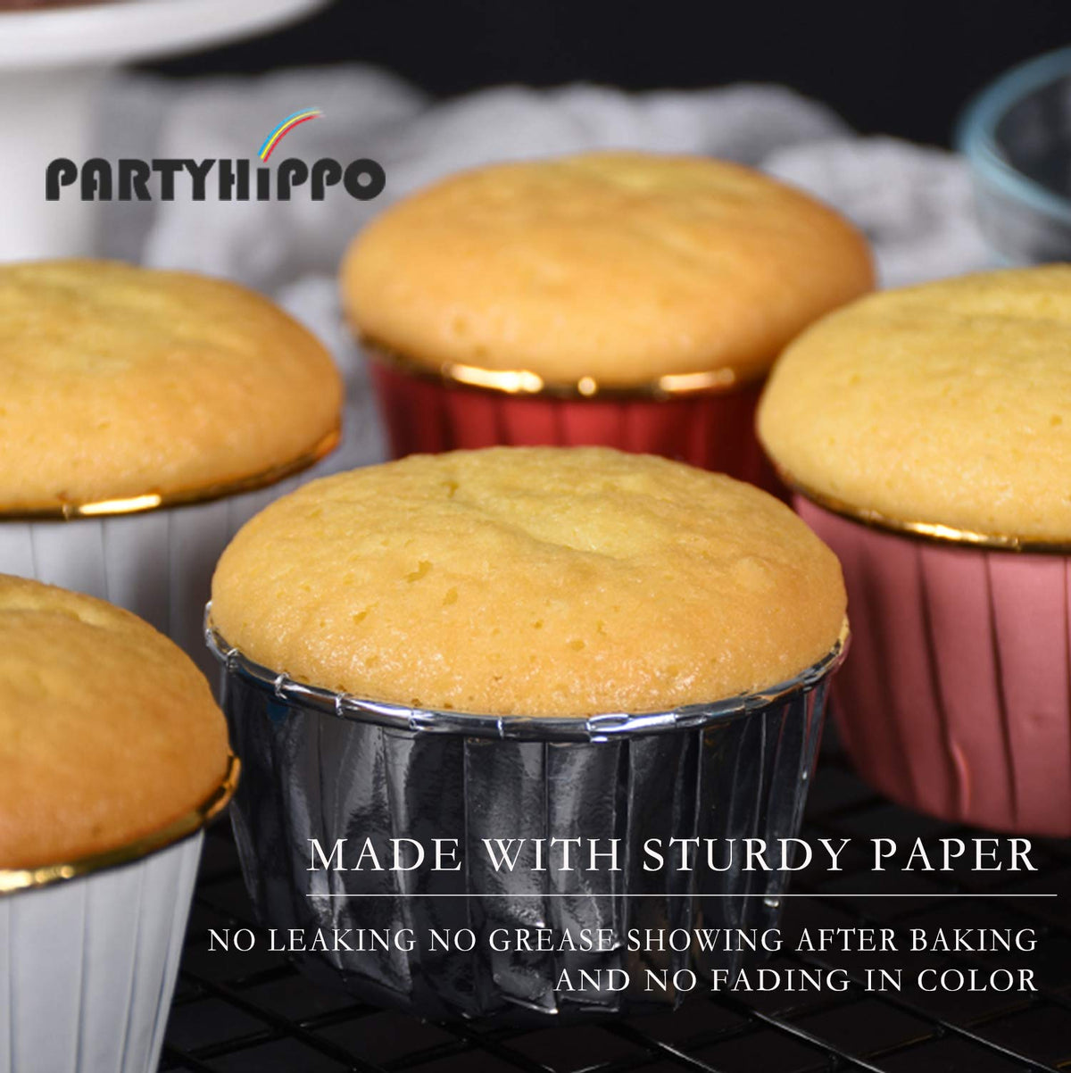PARTYHIPPO disposable foil muffin liners with non-stick surface for easy release.