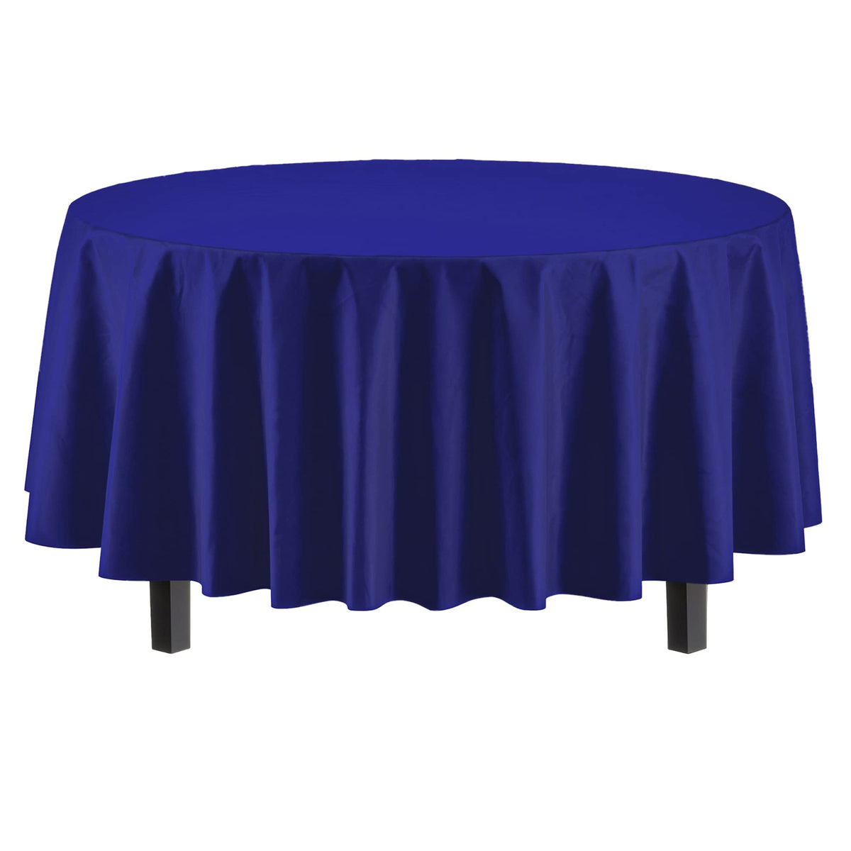 Party Solids 84-inch navy round tablecloth on the table creates a polished backdrop.