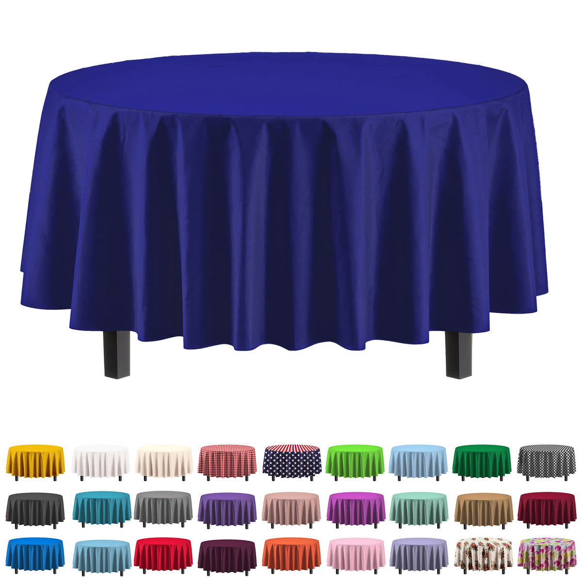 Party Solids 84-inch navy round tablecloth unfolded for a clean, elegant event base.