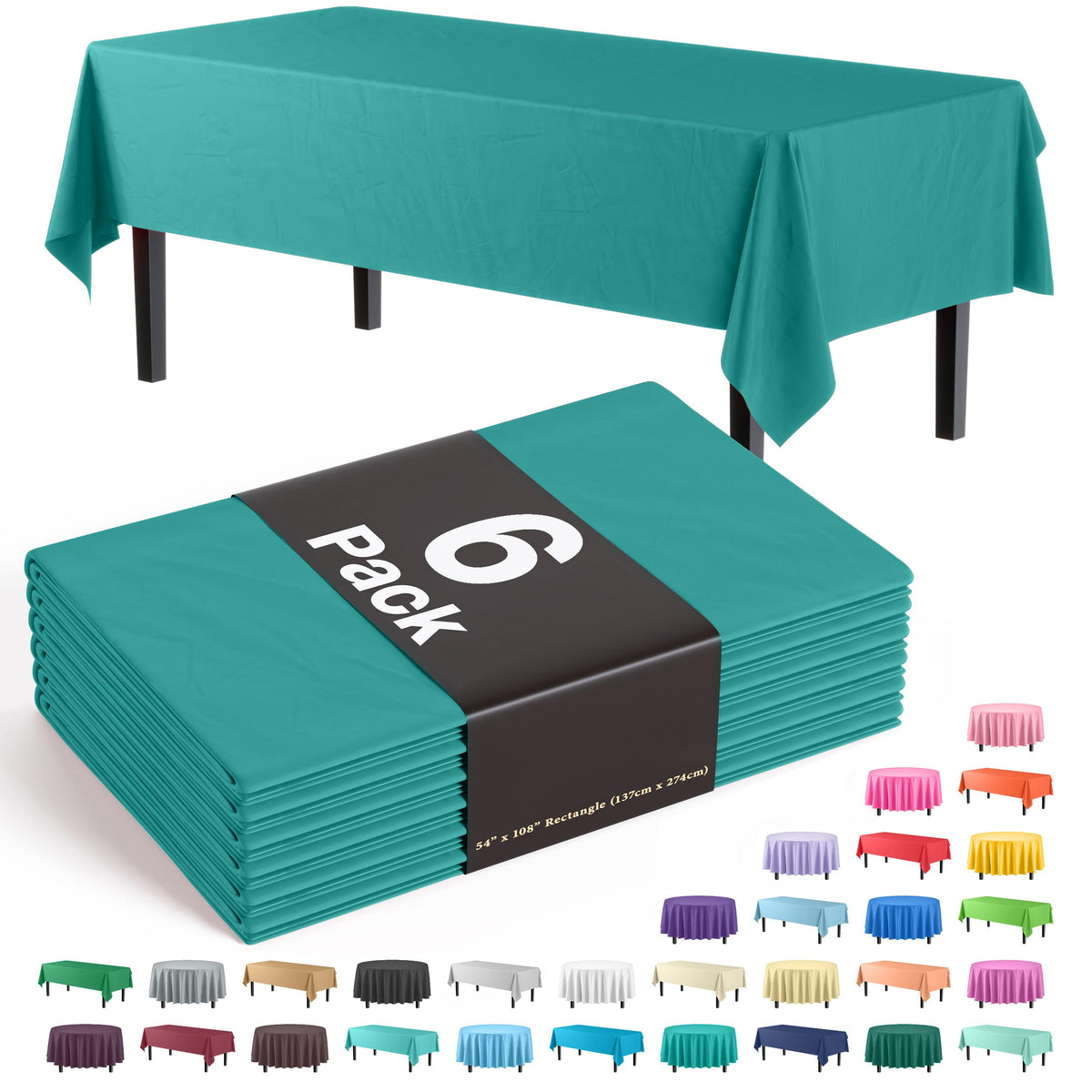 Party Solids teal tablecloth 54x108 on a dining table for easy cleanup.