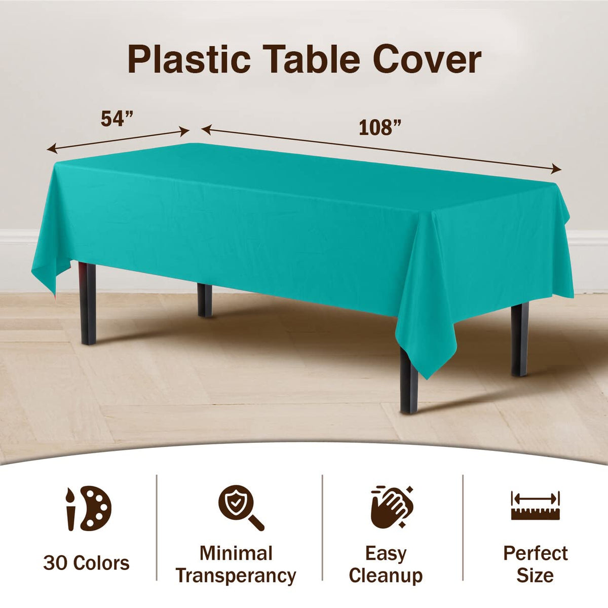 Party Solids teal tablecloth folded-pack, convenient disposable party solution.