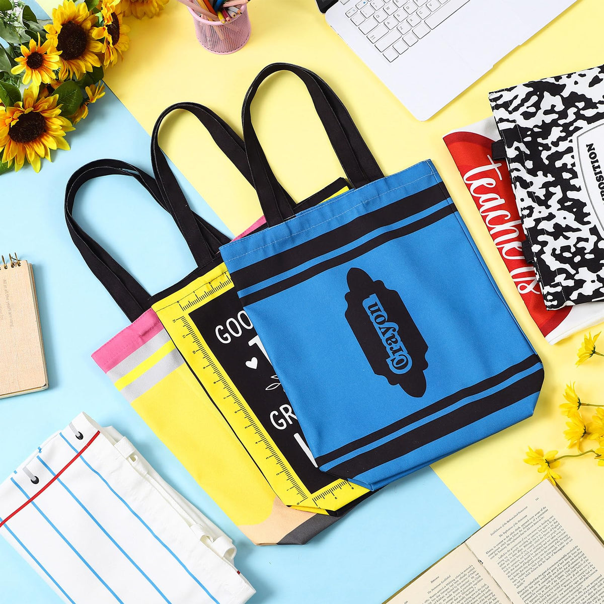 Paterr tote bag with notebook design, ideal for books and supplies