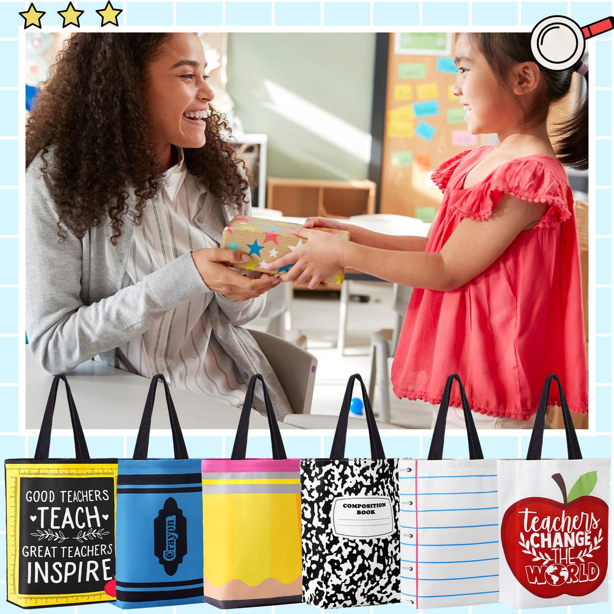 Paterr tote bag with pencil design, roomy for teaching essentials