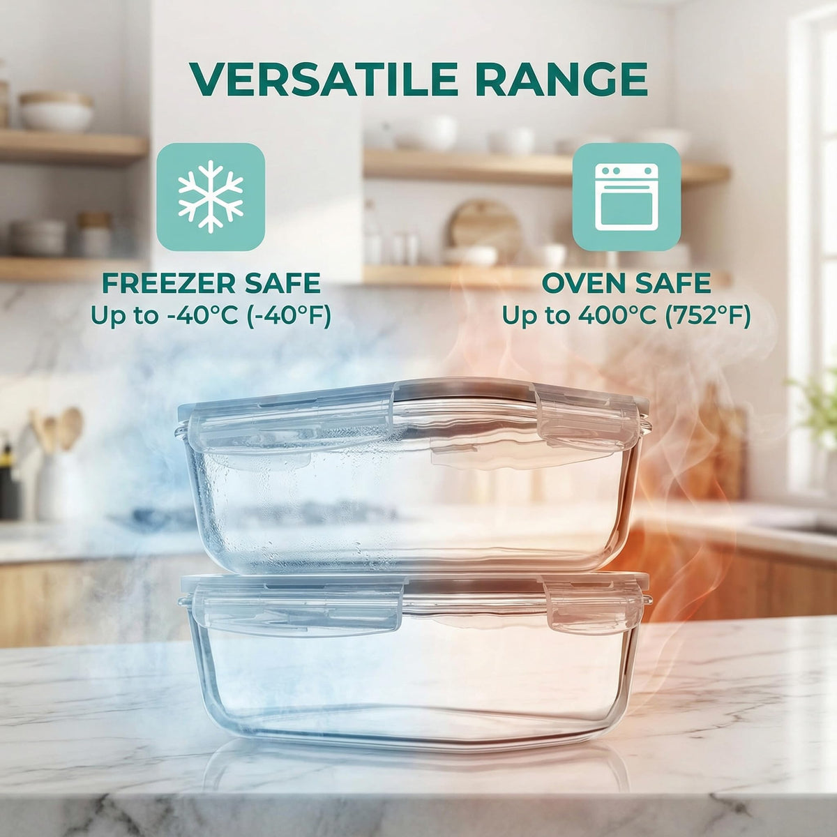Peaktent 63oz glass container oven-safe for baking and roasting.