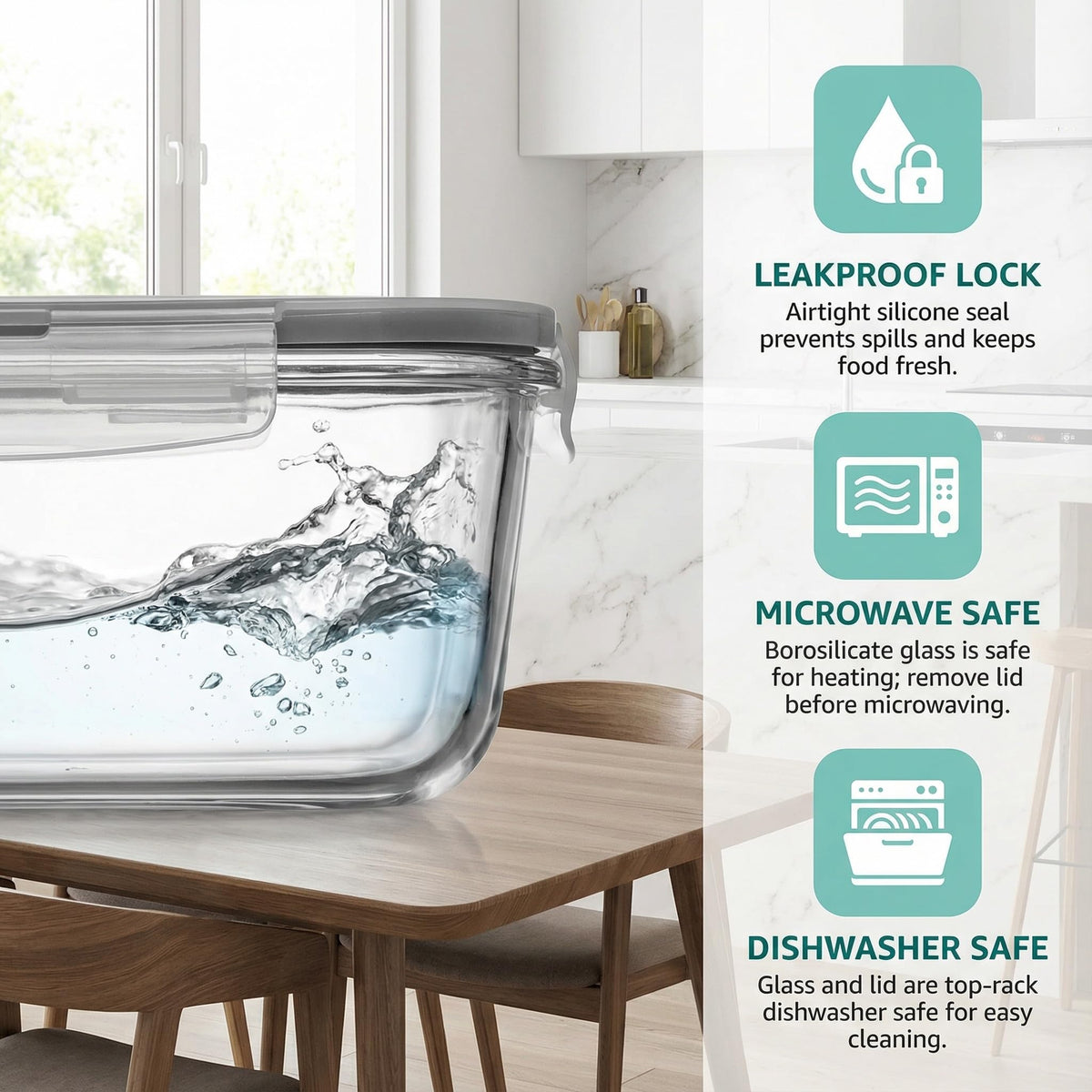 Peaktent 63oz glass container with removable silicone seal for thorough cleaning.
