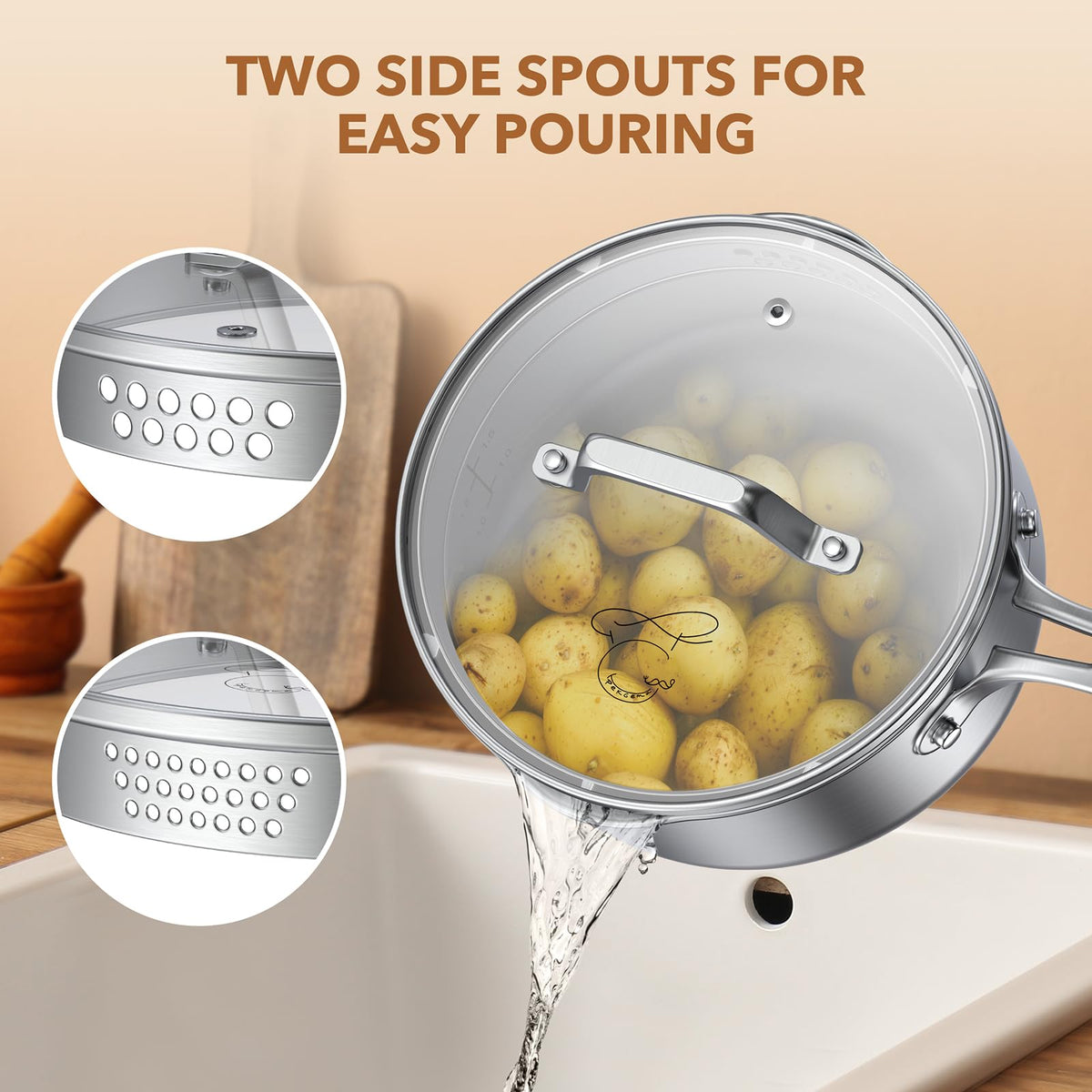 PekGema saucepan with dual pour spouts for left or right handed use