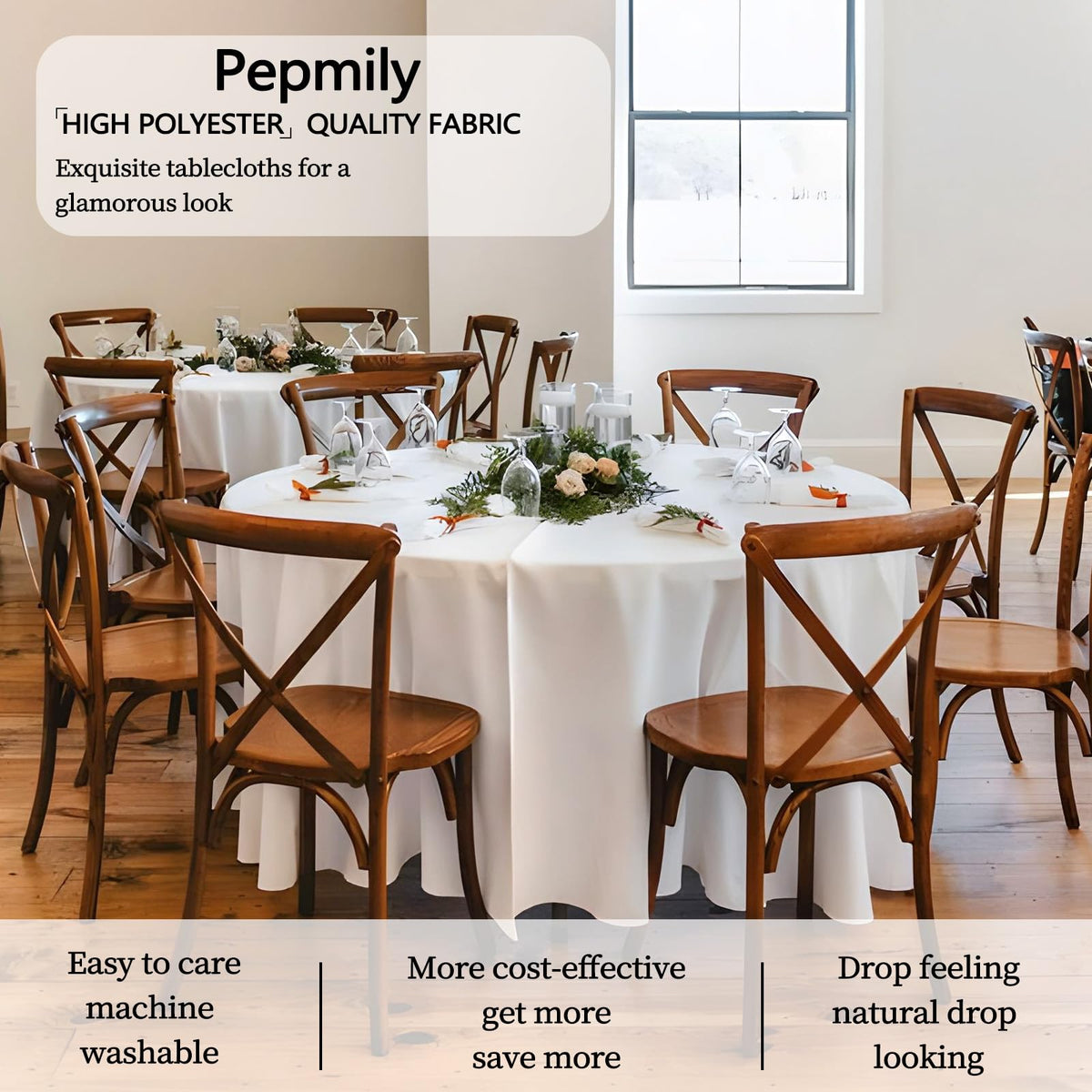 pepmily seamless round tablecloth 120inch white creates a clean setup