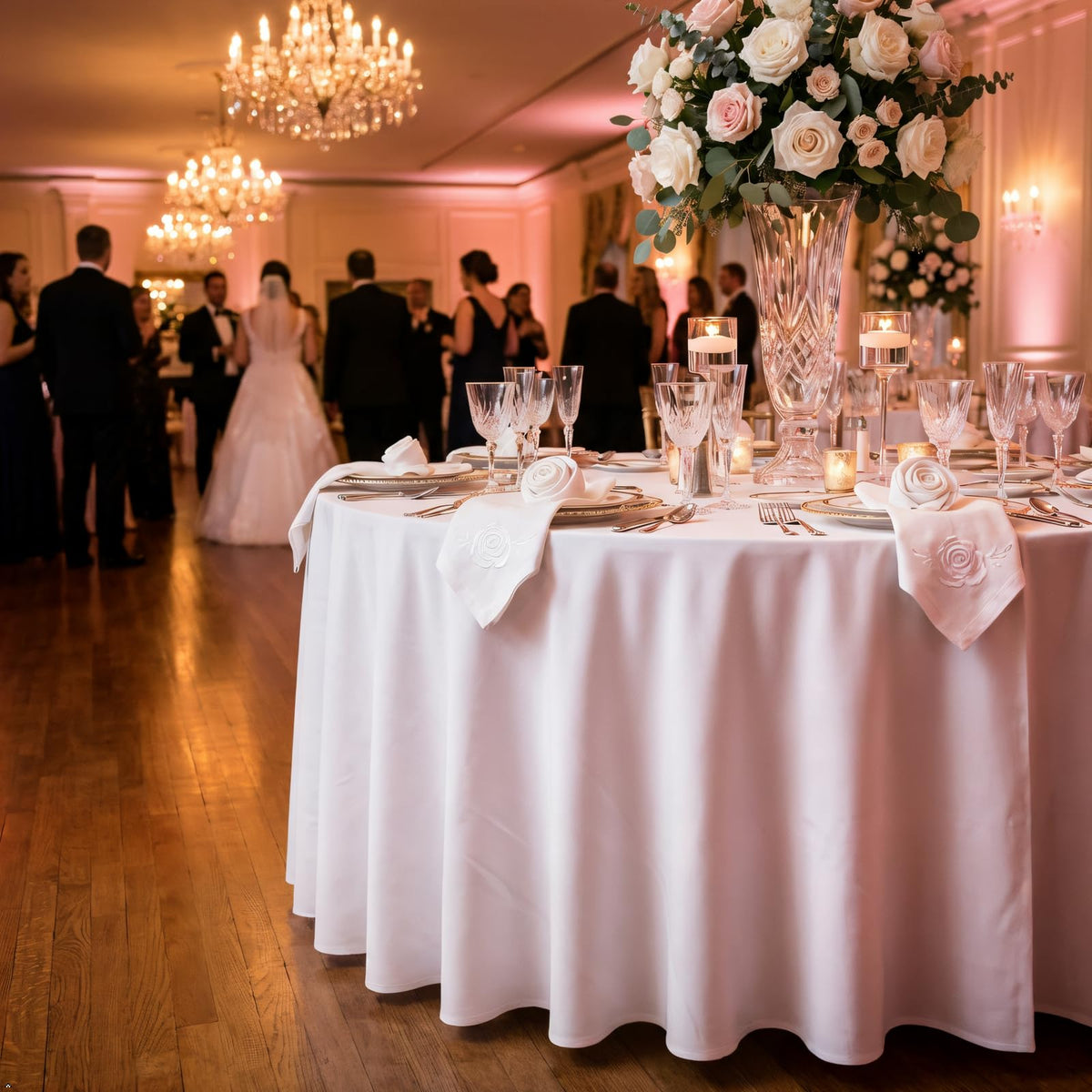 pepmily wedding reception setup featuring white round tablecloths for elegant ambiance