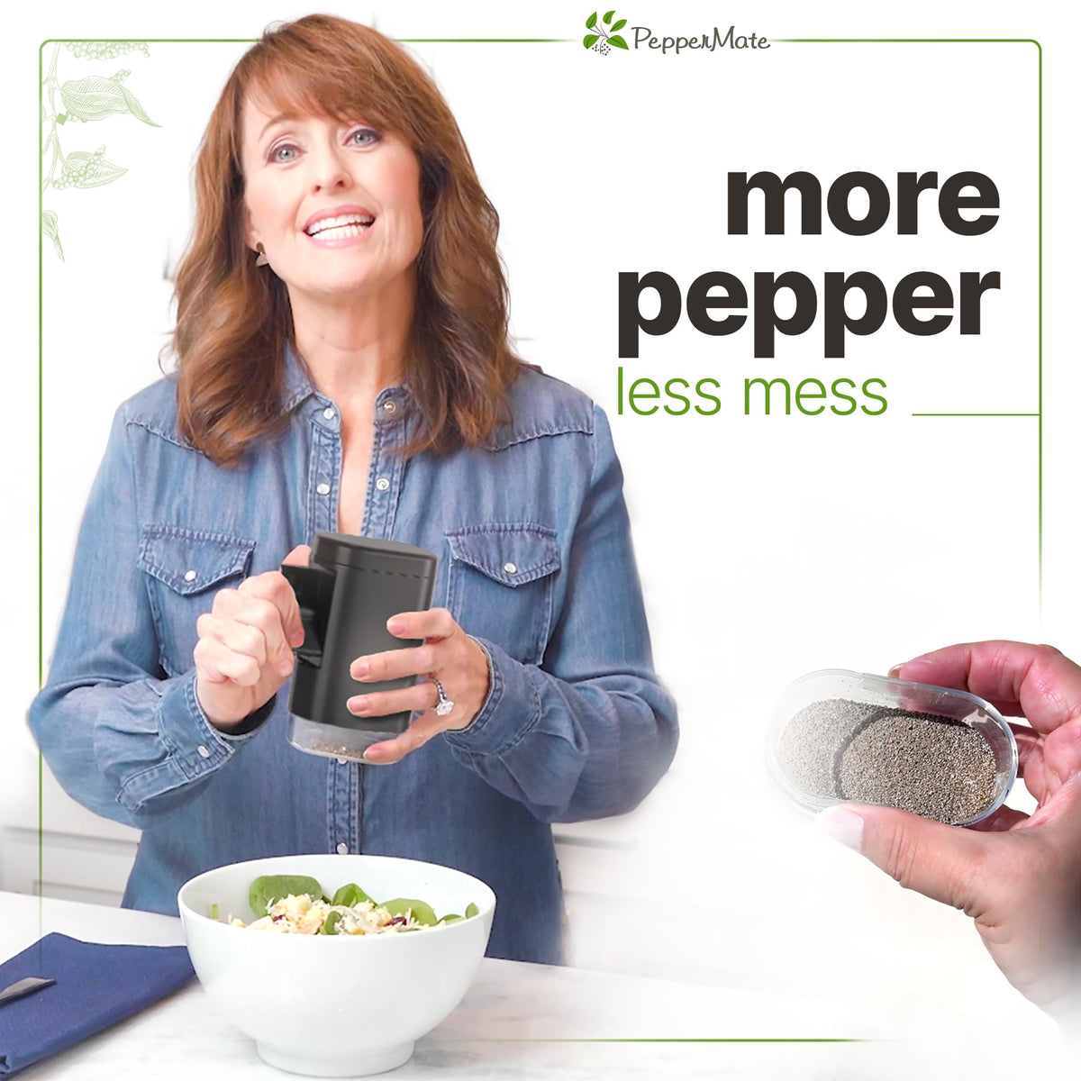 PepperMate ceramic grinder preserves flavor, avoiding flavor transfer.