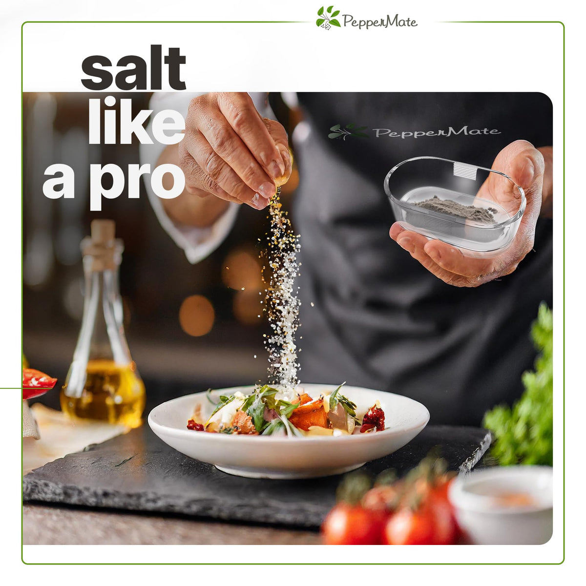 PepperMate compact 5.5-inch design fits tables for quick seasoning.