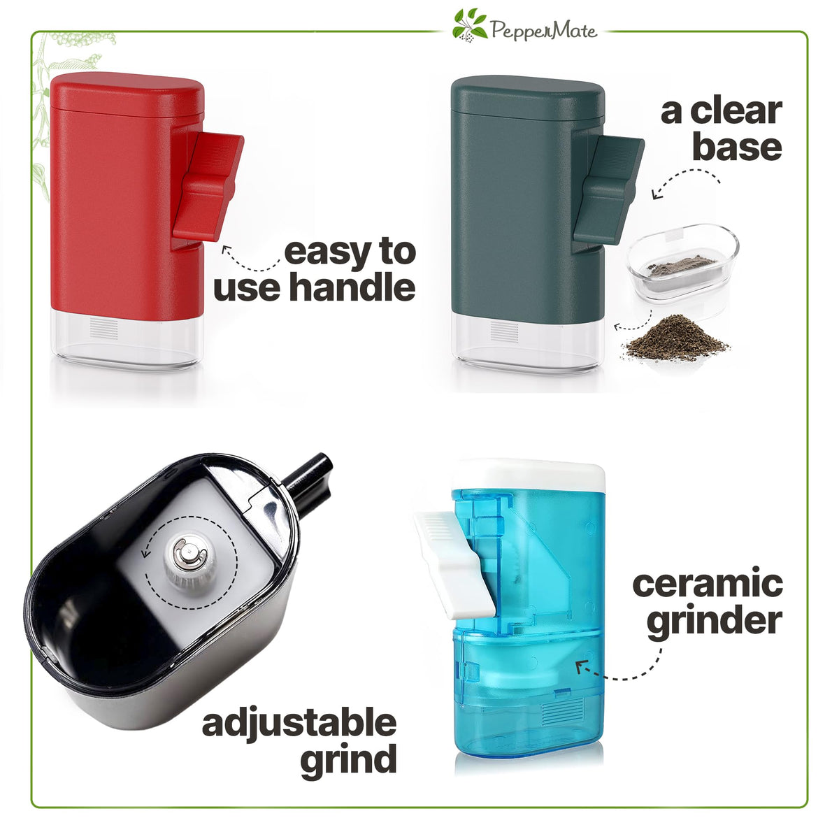 PepperMate pepper/spice mill compatibility for multiple seasonings.