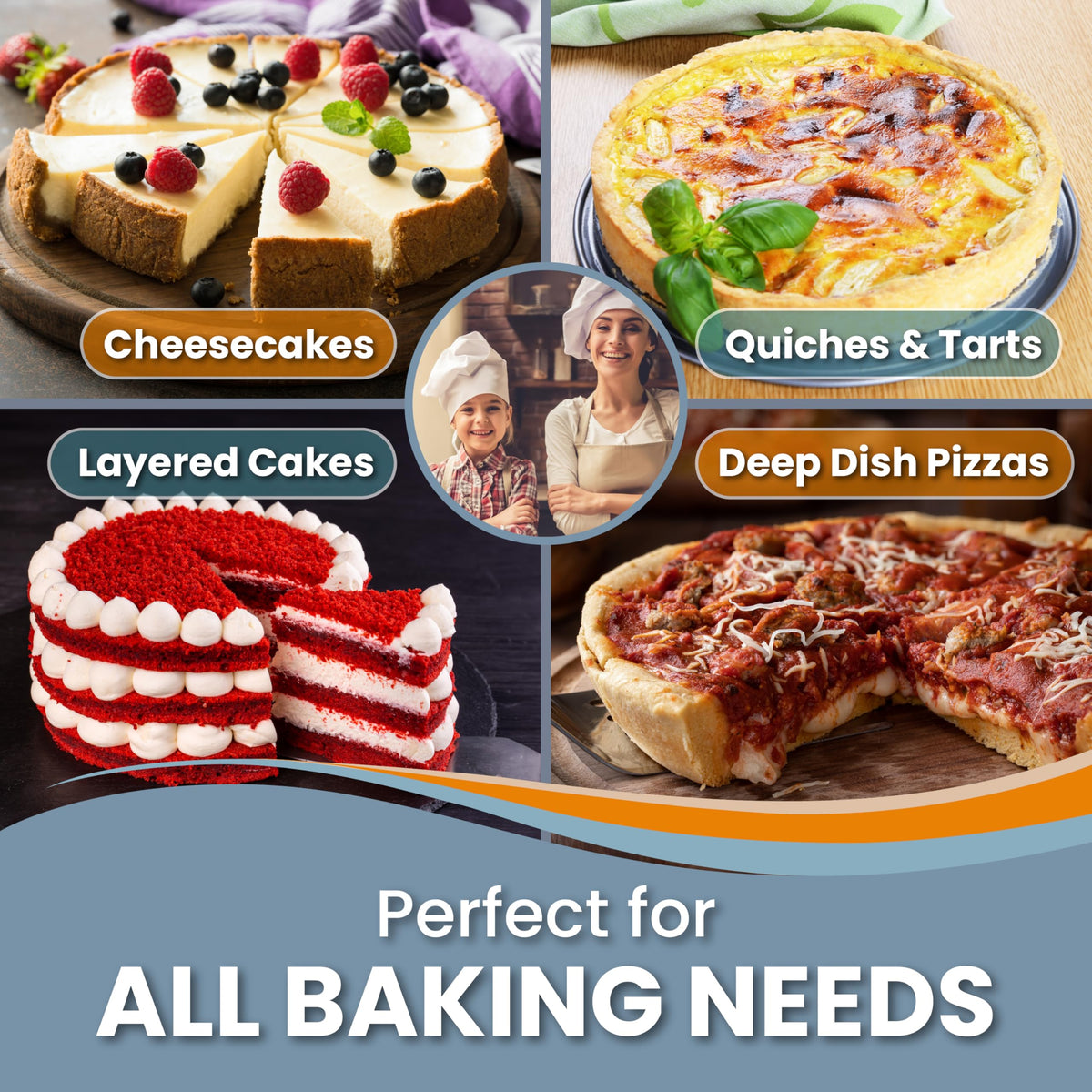 PETÍTS DESSERTS versatile pan handles layer cakes, quiches, pies with ease