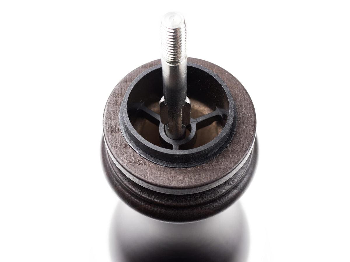 Chocolate-finish Peugeot pepper mill body adds elegant kitchen decor.