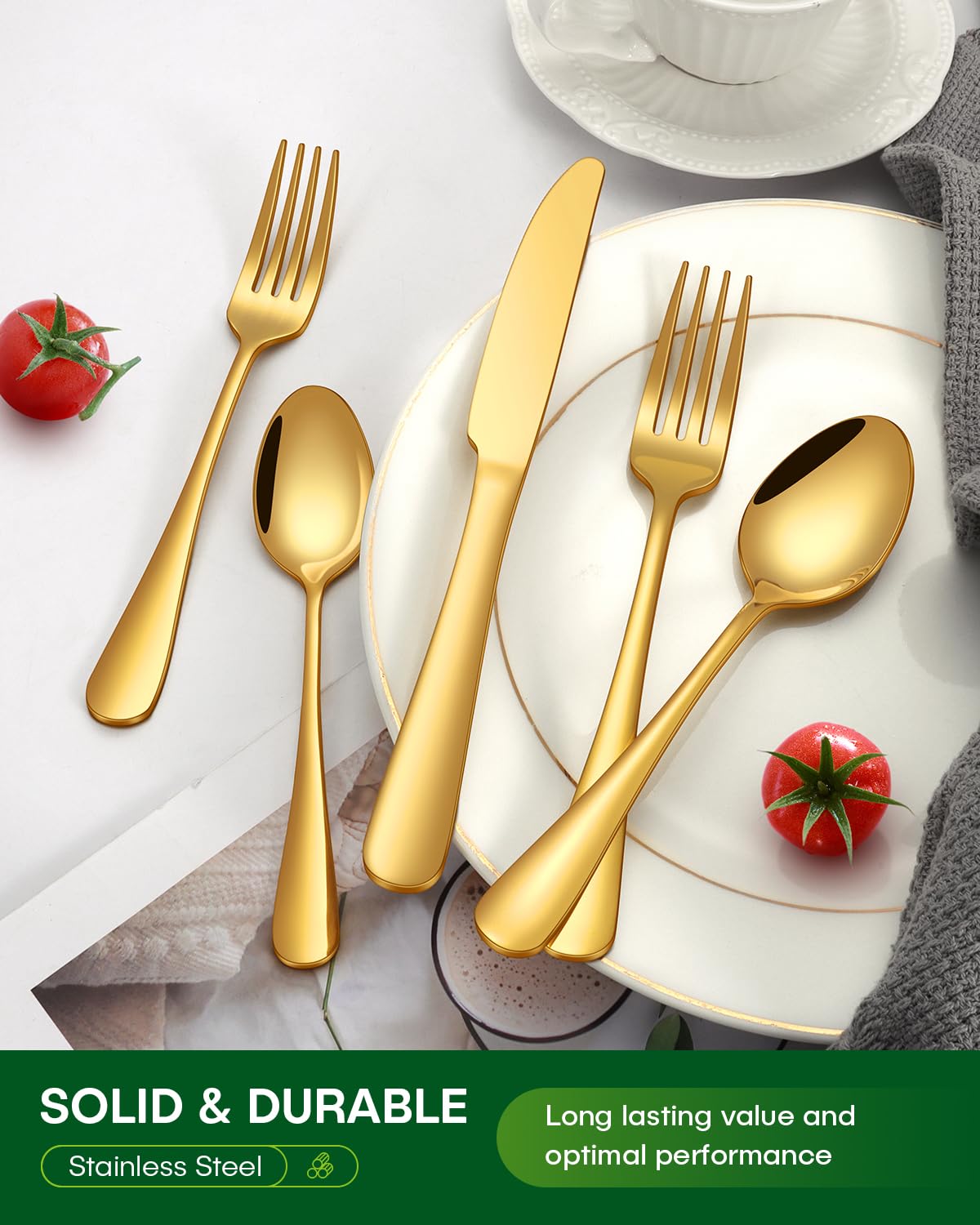 PHILIPALA 40-piece gold flatware set dishwasher safe with gentle care to extend lifespan.