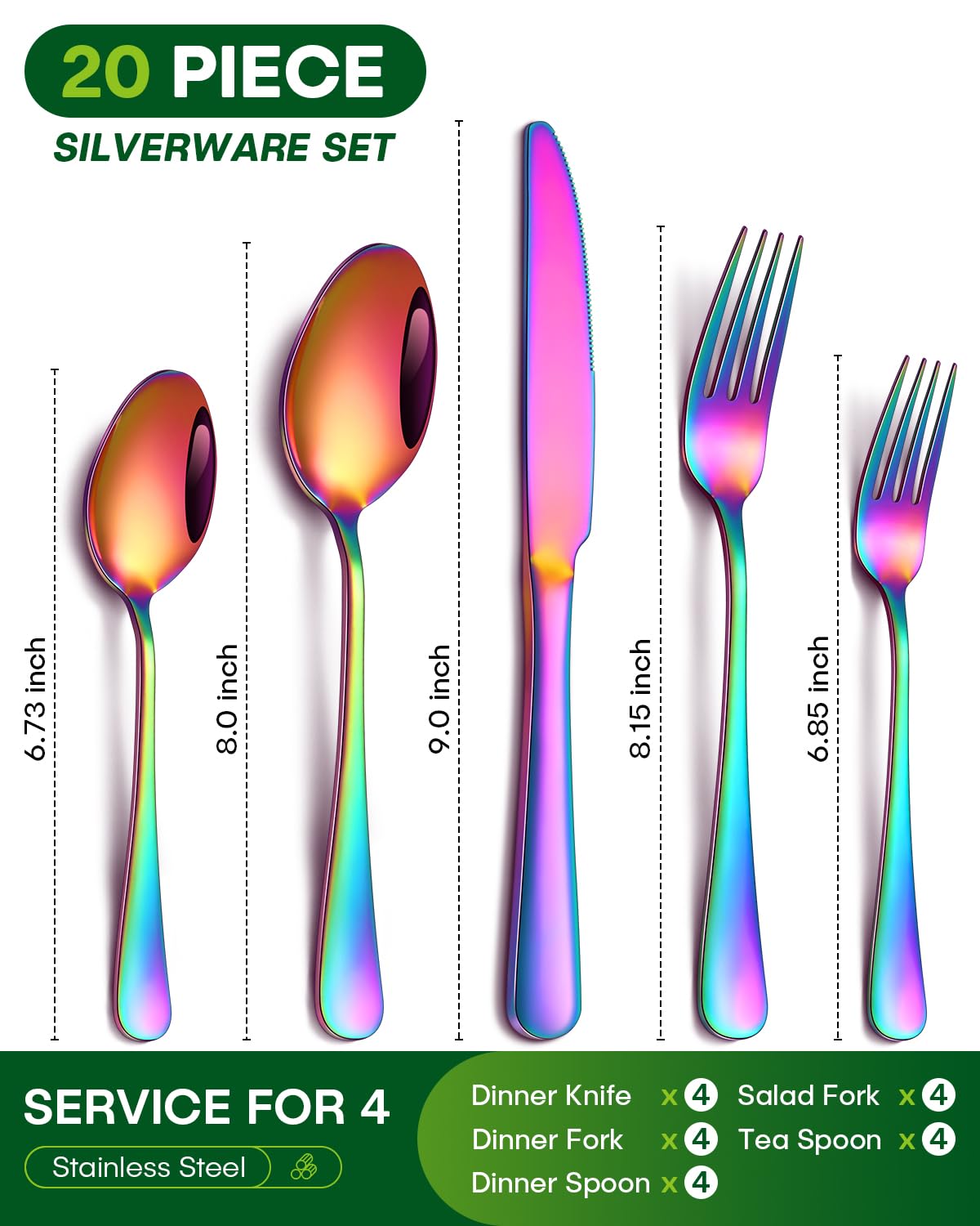 PHILIPALA rainbow silverware dinner forks, sturdy and rust-resistant for daily dining.