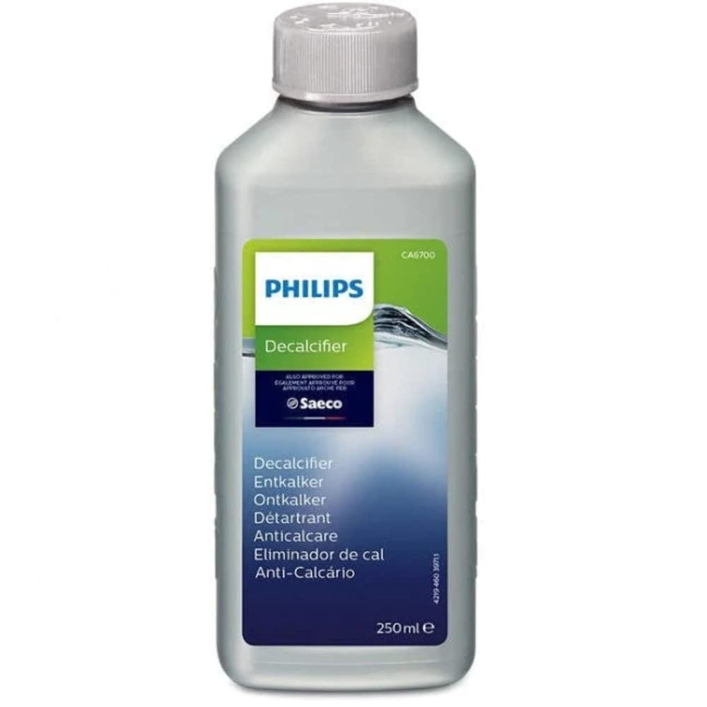 Philips Saeco decalcifier bottle label close-up for easy descaling