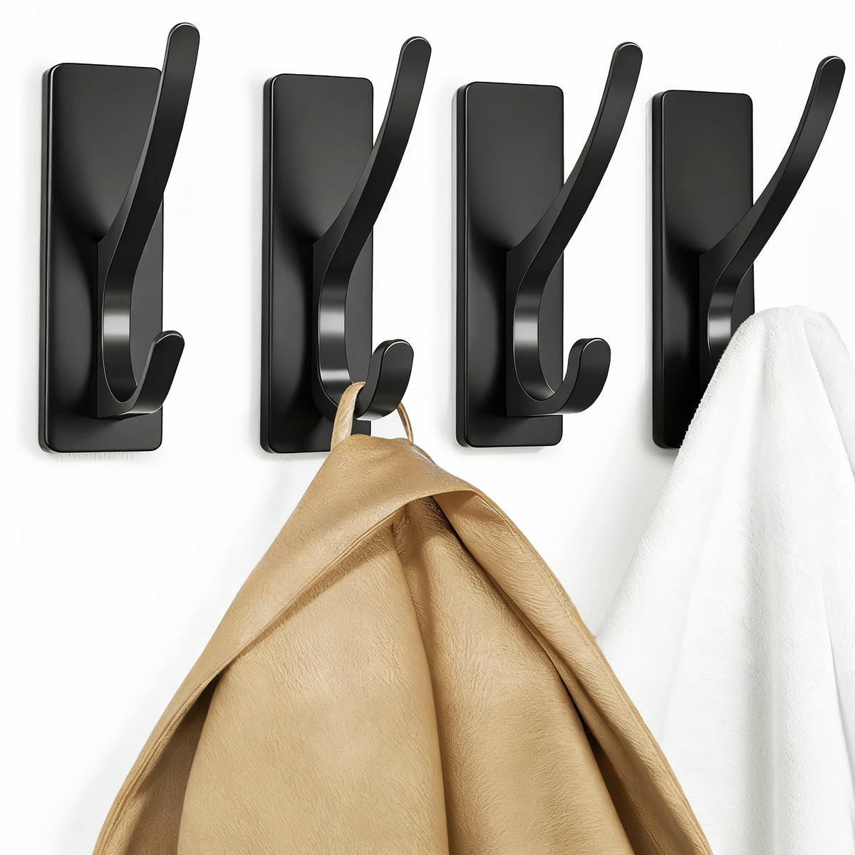 Pickpiff self-adhesive coat hooks 4-pack in matte black for versatile wall storage.