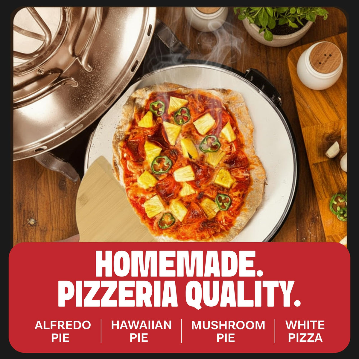 PIEZANO XL pizza-oven-front-view highlights compact footprint and modern design for countertops.