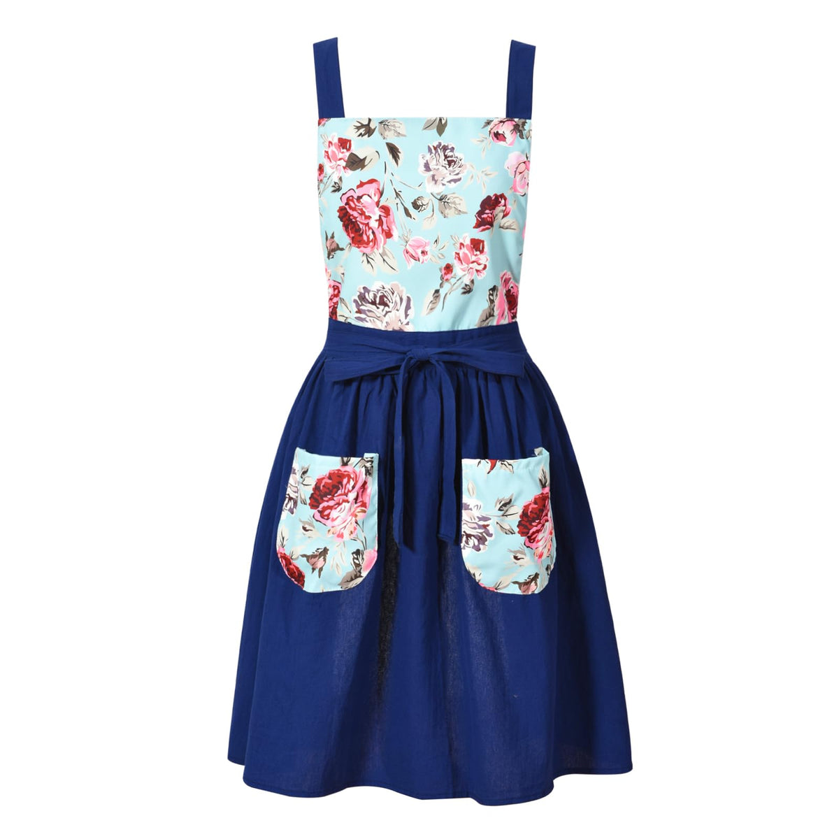 Pinknoke Vintage Pinafore Apron Navy front view for stylish daily cooking
