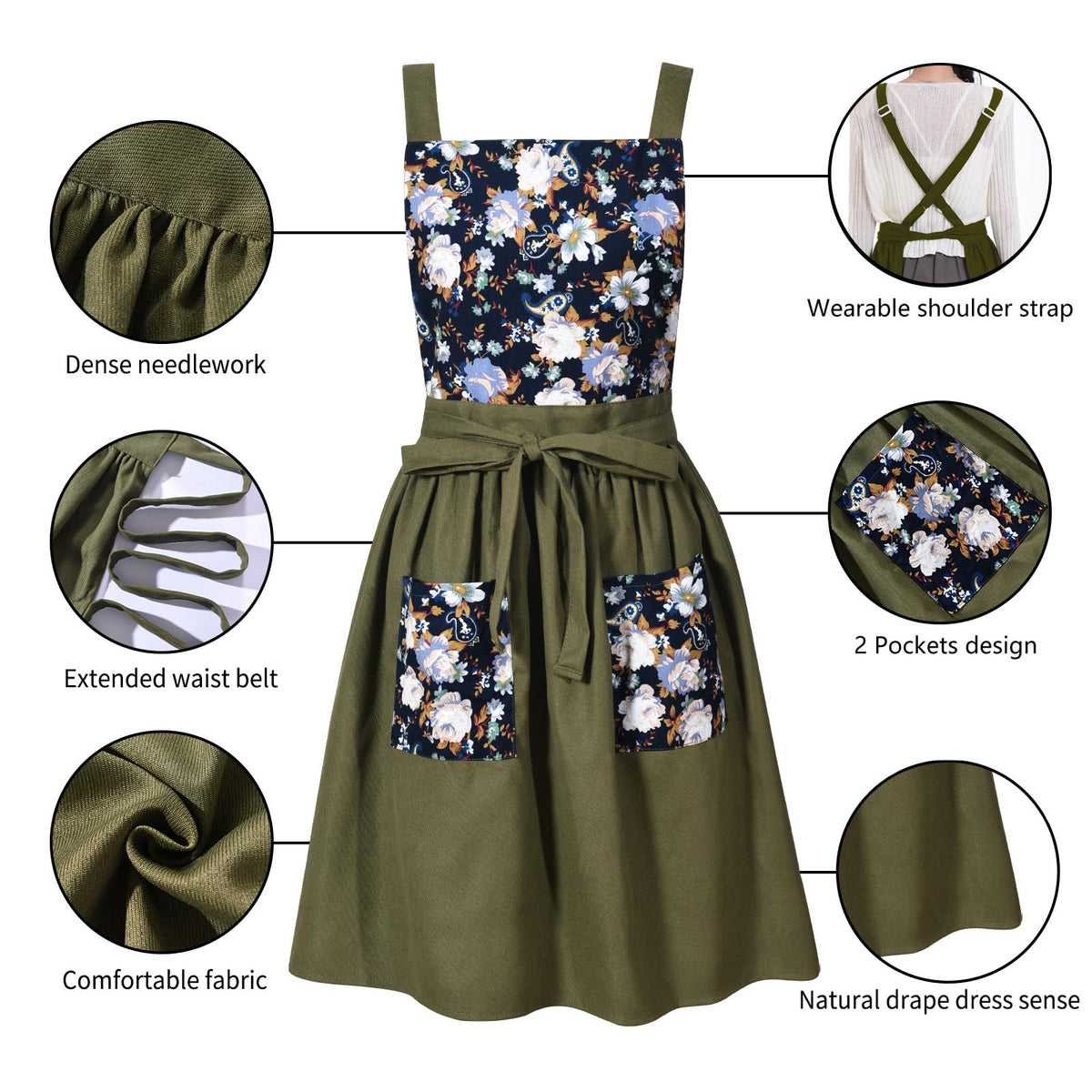 Pinknoke Olive-green apron pockets close-up showing two practical pockets.