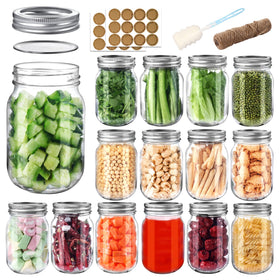 PINIWON 16oz mason jar with lids, clear glass ideal for canning and storage.
