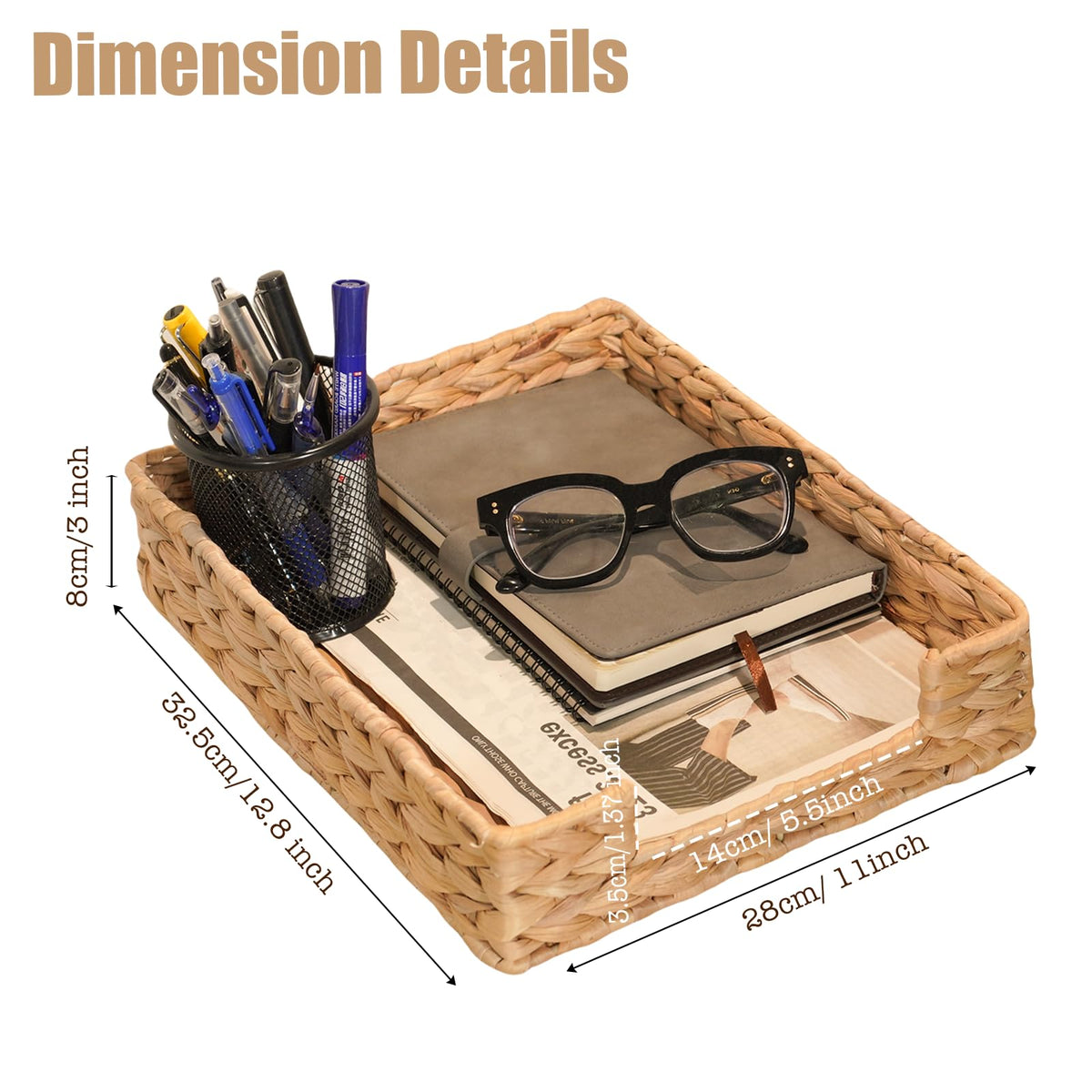 PINXIURY Water Hyacinth Letter Tray side view highlighting compact footprint