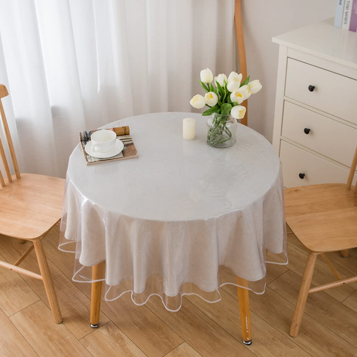Pioggia clear vinyl tablecloth surface is waterproof for indoor or outdoor meals