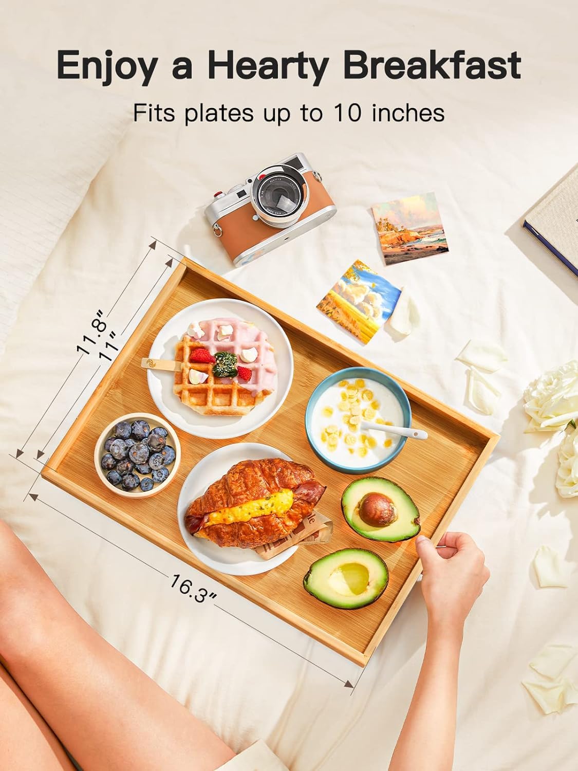 Pipishell bamboo bed tray on bed provides a stable eating surface.