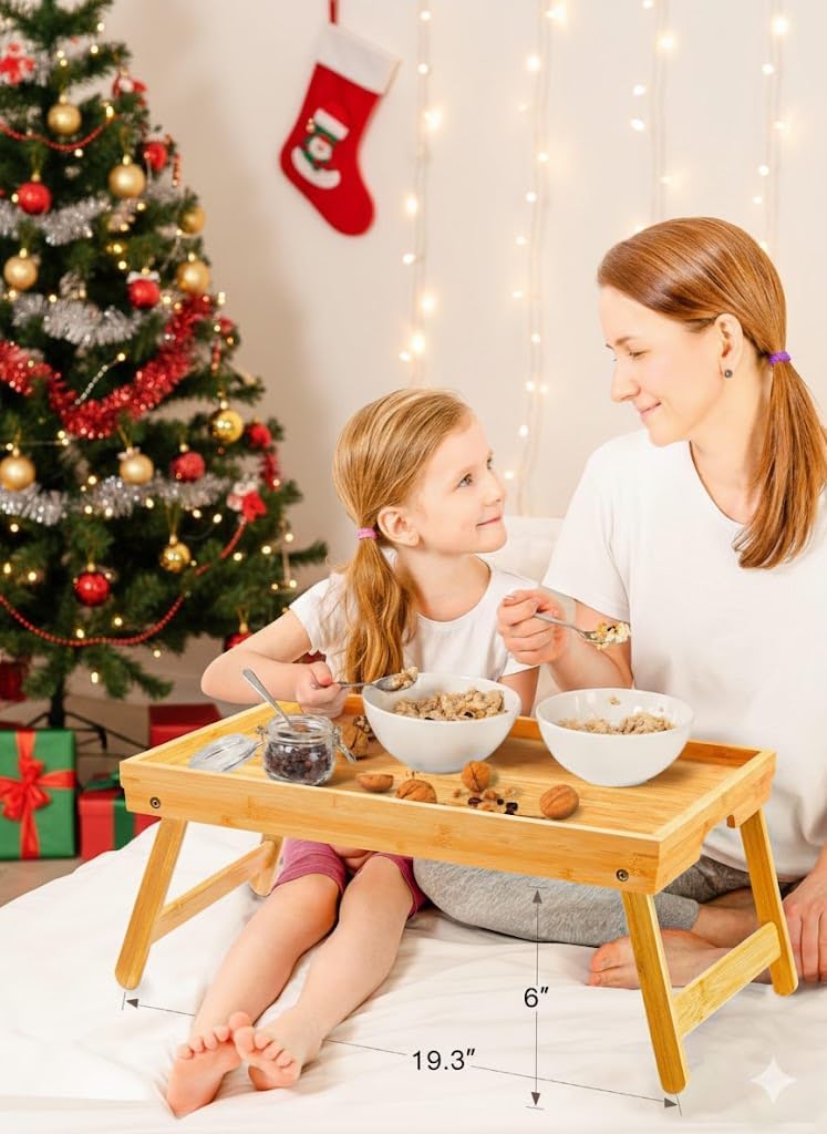 Pipishell bamboo bed tray serving-use in action supports breakfasts on the sofa.