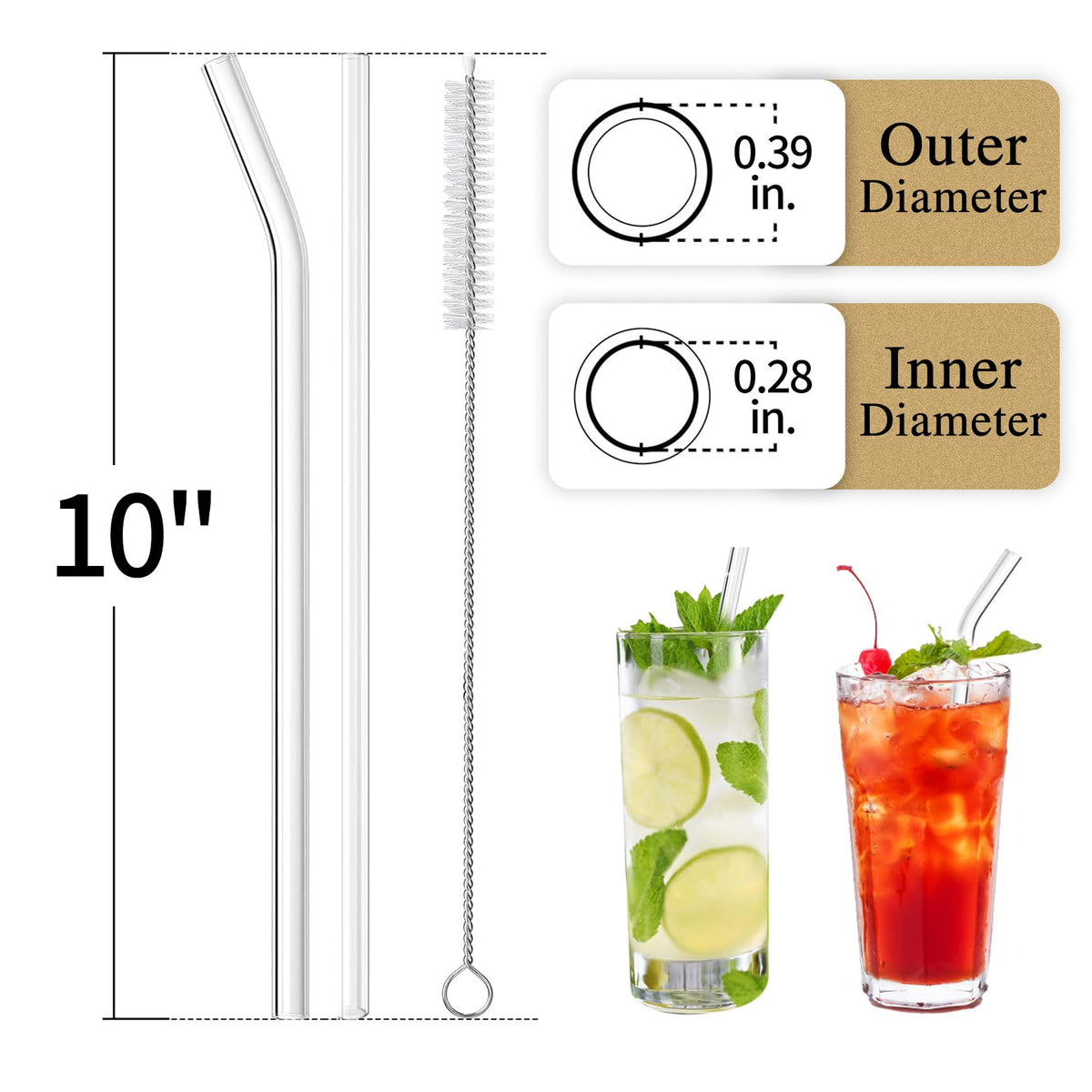 Piteno bent glass straw 10in ideal for iced tea and milkshakes, easy sipping.