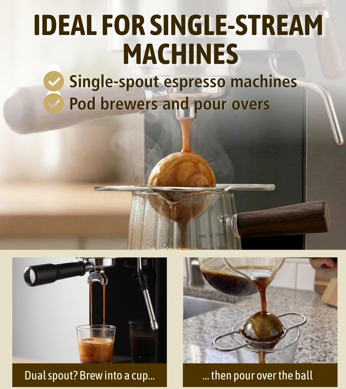 Piticco espresso ball in use over a cup for balanced shots