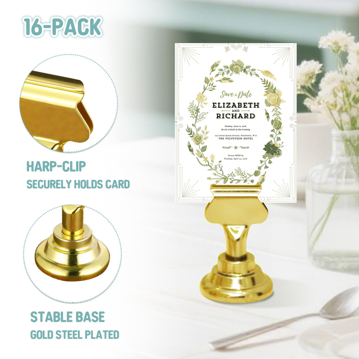 ERYTLLY place card holder with silver base, stable for busy receptions.