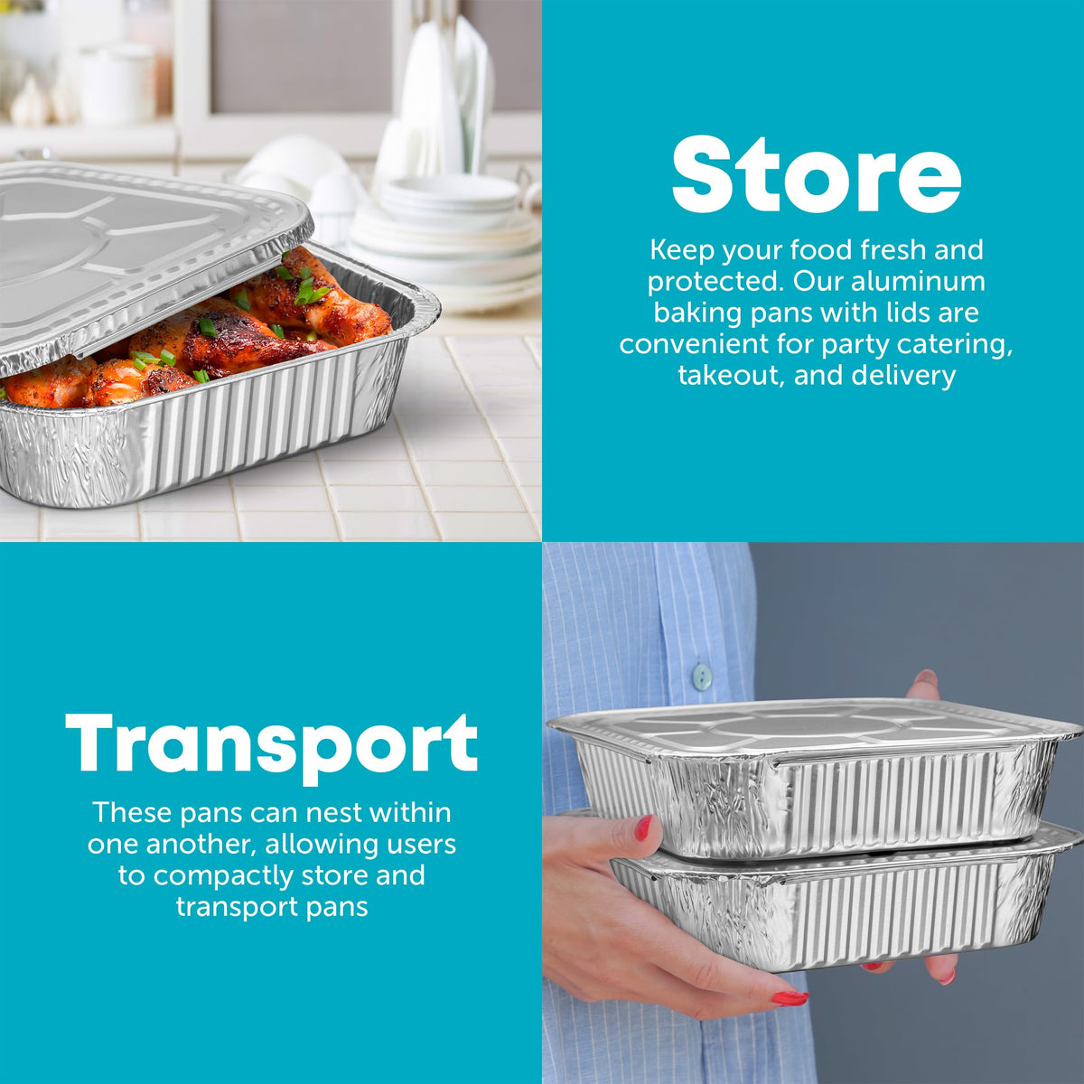 Plastible aluminum tray suited for potlucks, picnics, and family meals.
