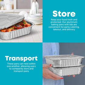 Recyclable aluminum Plastible pan emphasizing sustainability and reuse.
