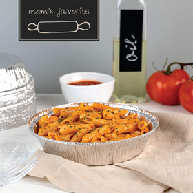 PlasticPro round pan in freezer for storing and reheating.