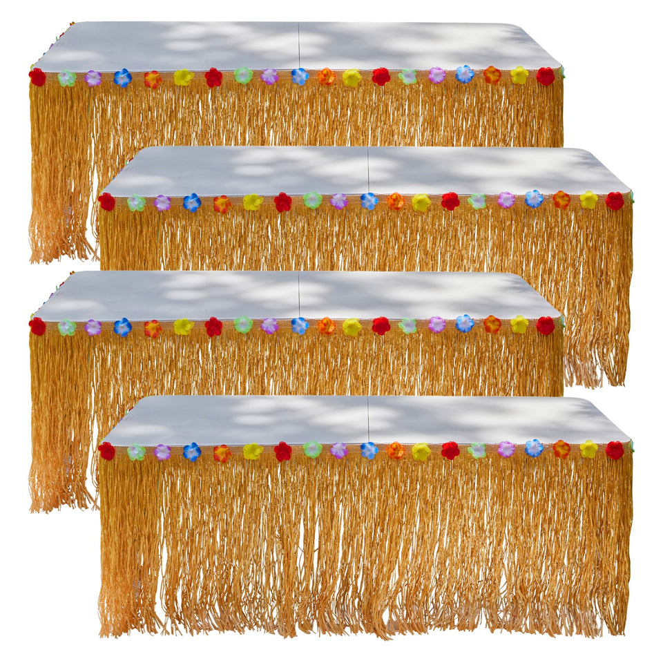 Playbees four-pack luau grass table skirts arranged on a table for tropical centerpiece.