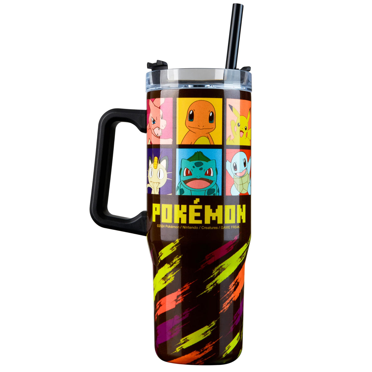 Pokemon insulated tumbler with Pikachu design and sturdy handle for kids on the go.