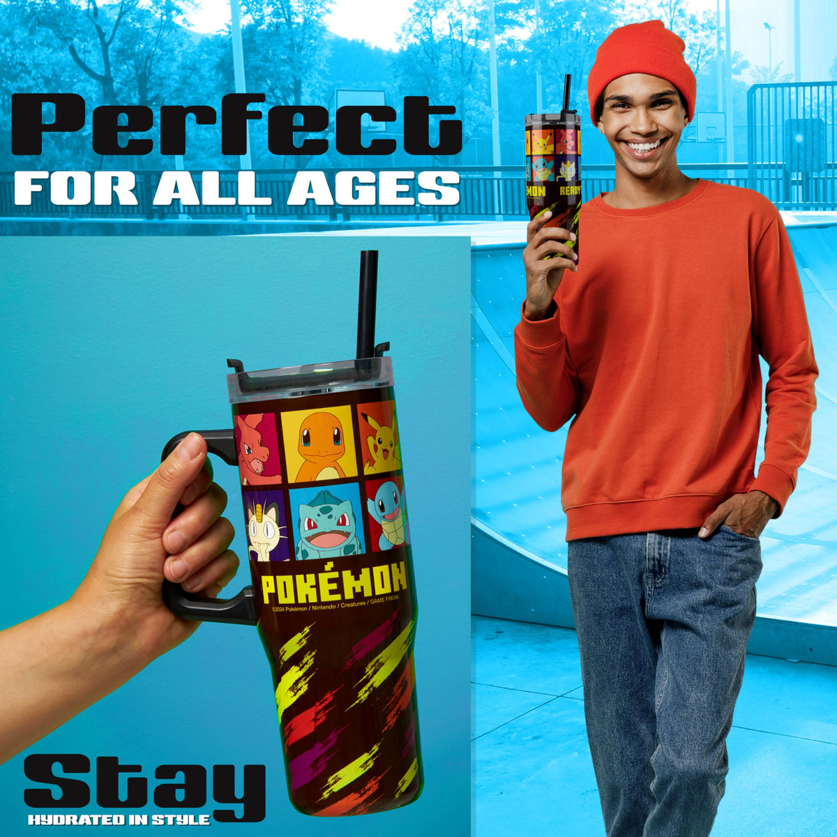 Pokemon insulated tumbler with stainless steel body withstands daily use.