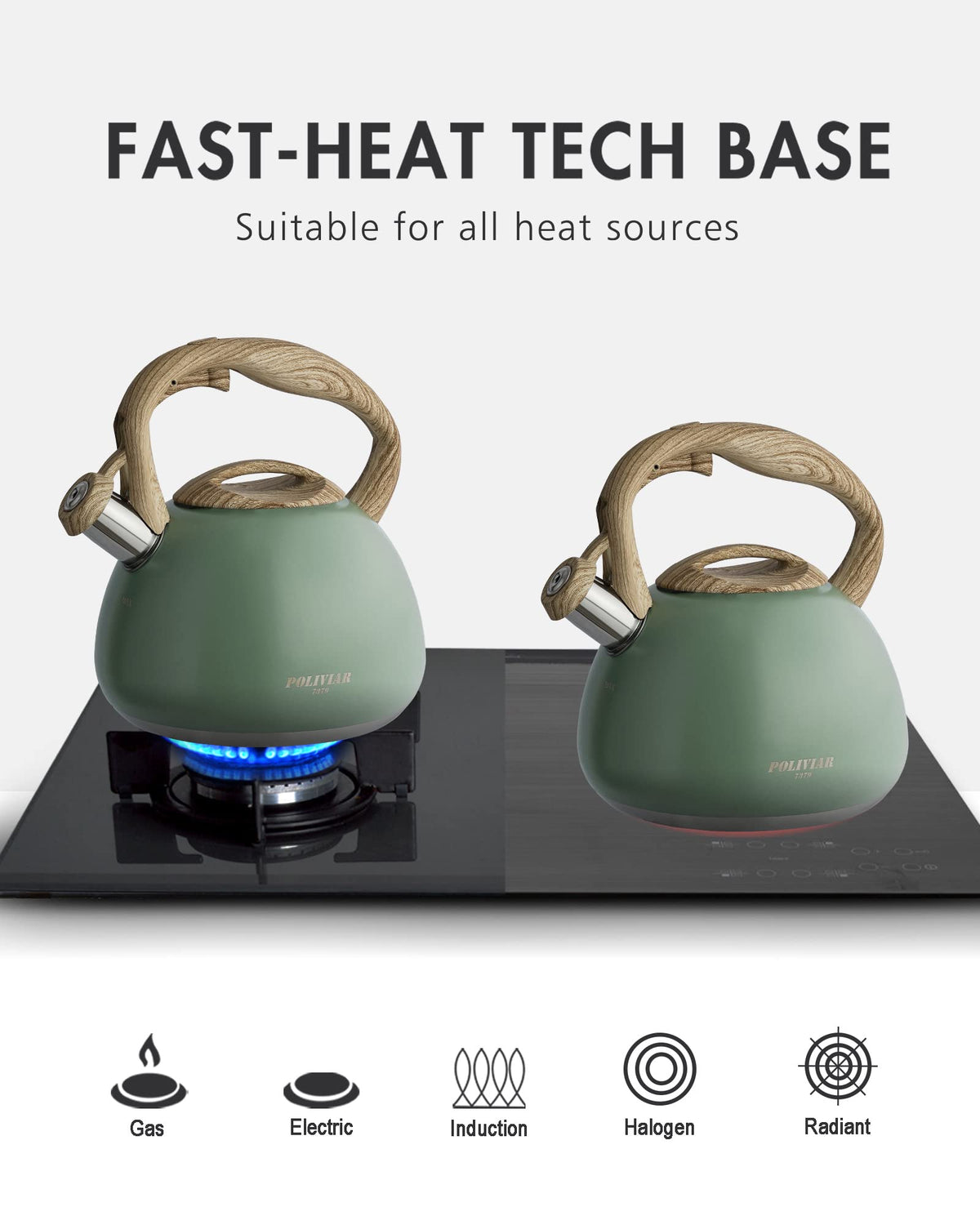 Poliviar fast-heat base boils water quickly on gas, electric, or induction