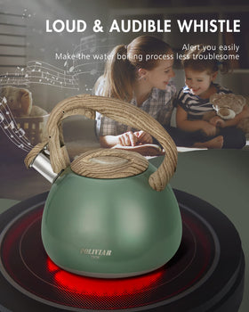 Poliviar Tea Kettle emits a loud whistle signaling boiling from across the kitchen